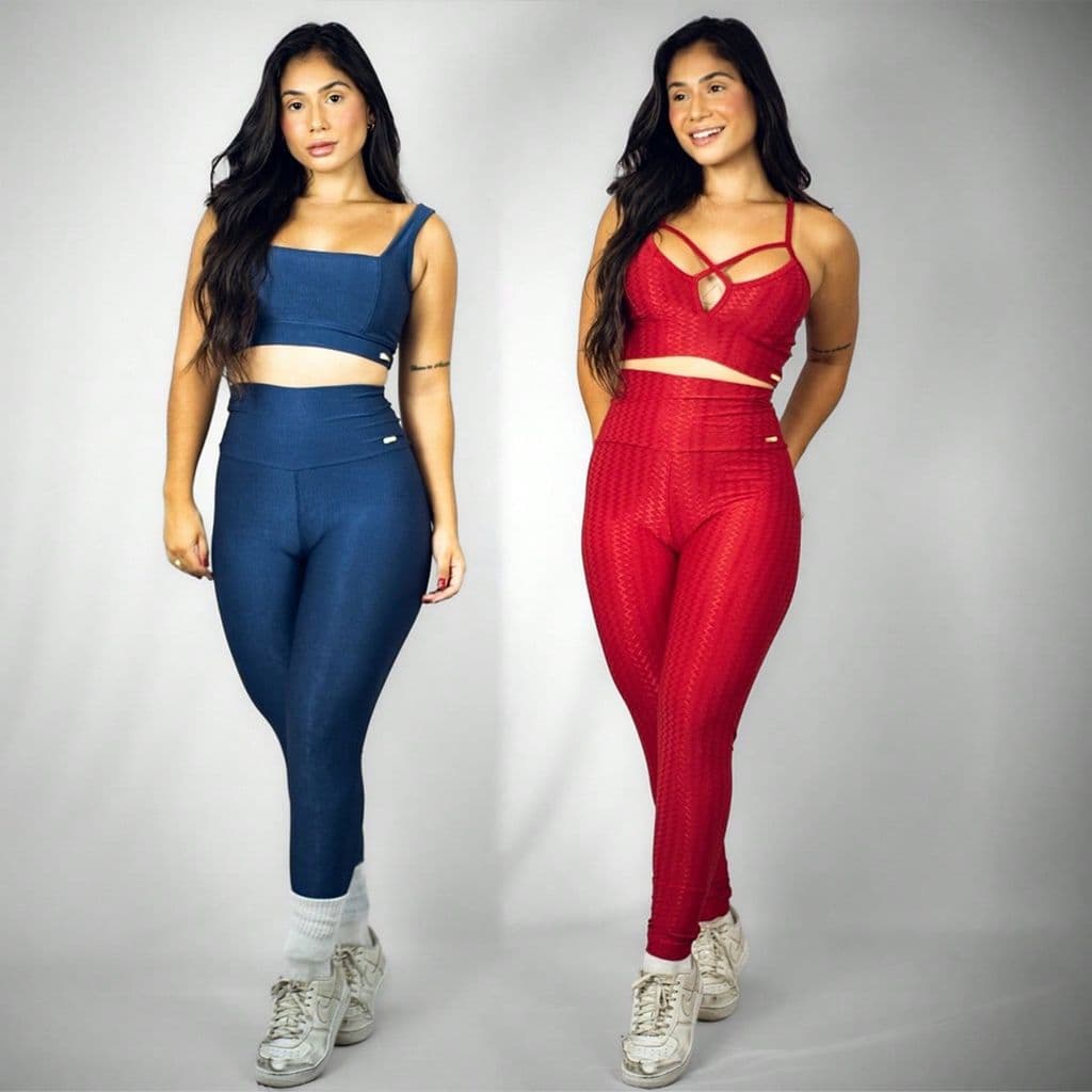 Kit Conjuntos Fitness Top e Calça Legging Feminino Poliamida Premium Cirrê Ikat e Wonder Canelado