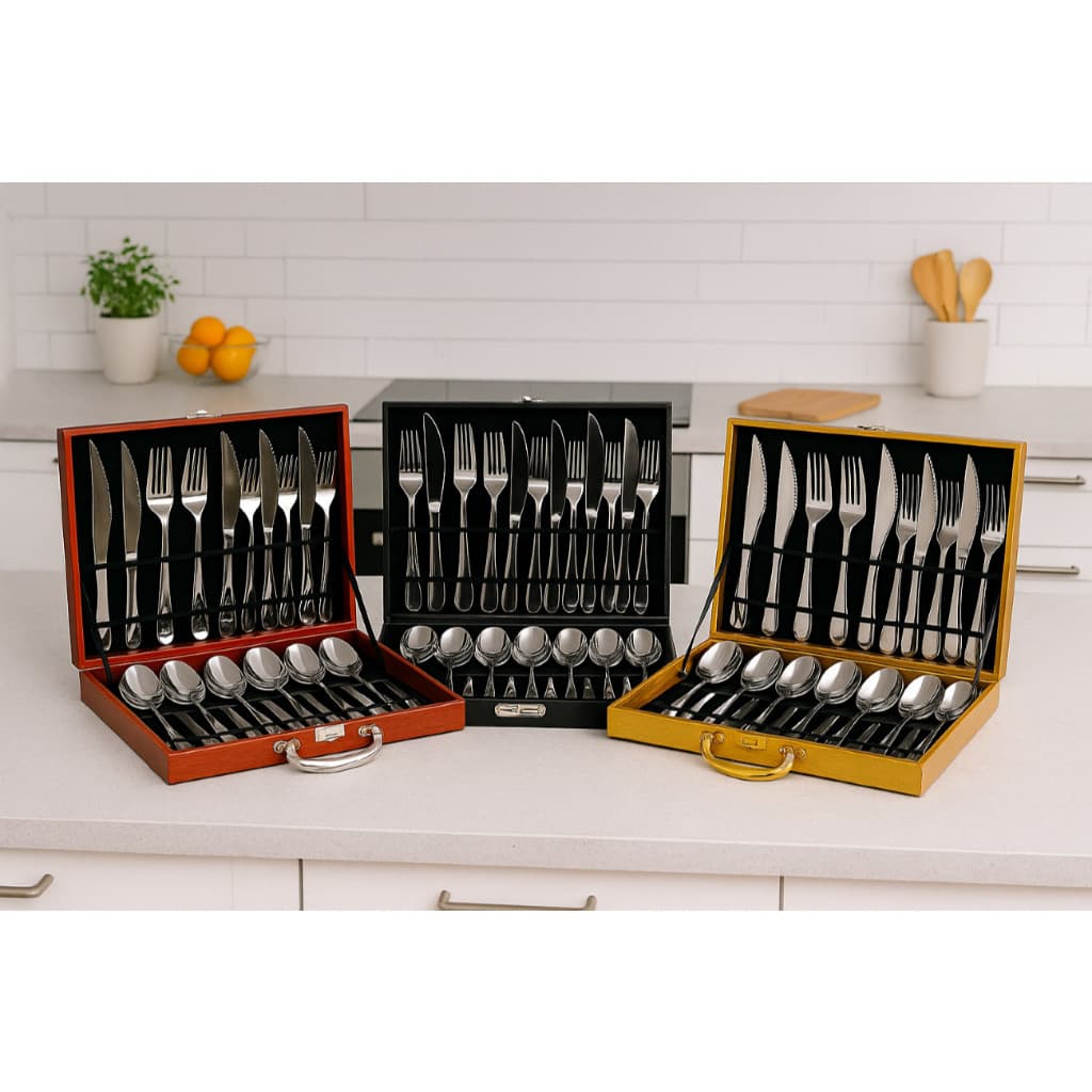 Faqueiro Inox 24 Peças Luxo Maleta Organizador Jantar Completo Dourado Preto Elegante Presente
