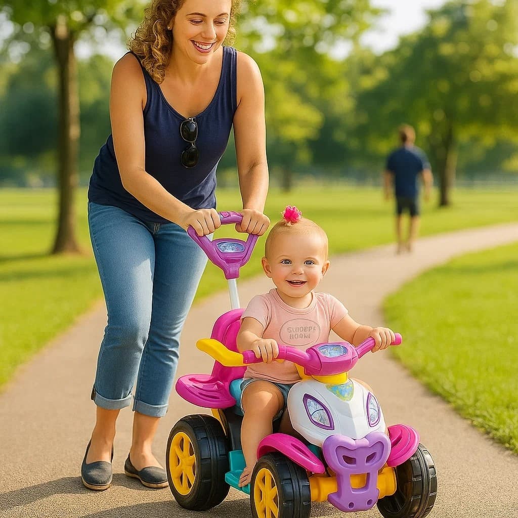 Carrinho Passeio Infantil Quadriciclo Rosa Pedal Guia Empurrar Brinquedo Presente Veículo