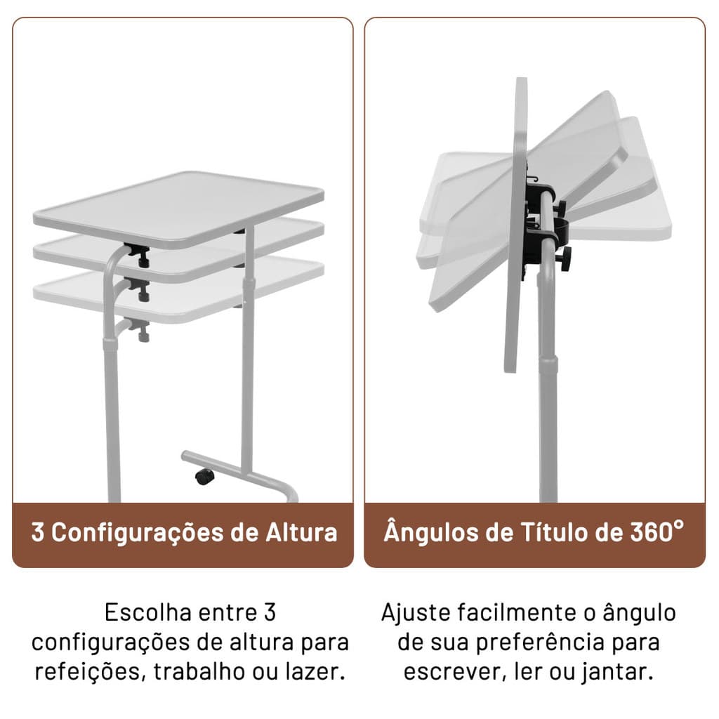 Mesa Ajustável para Notebook com Rodas, Altura Regulável, Suporte para Copo e Cama/Sofá