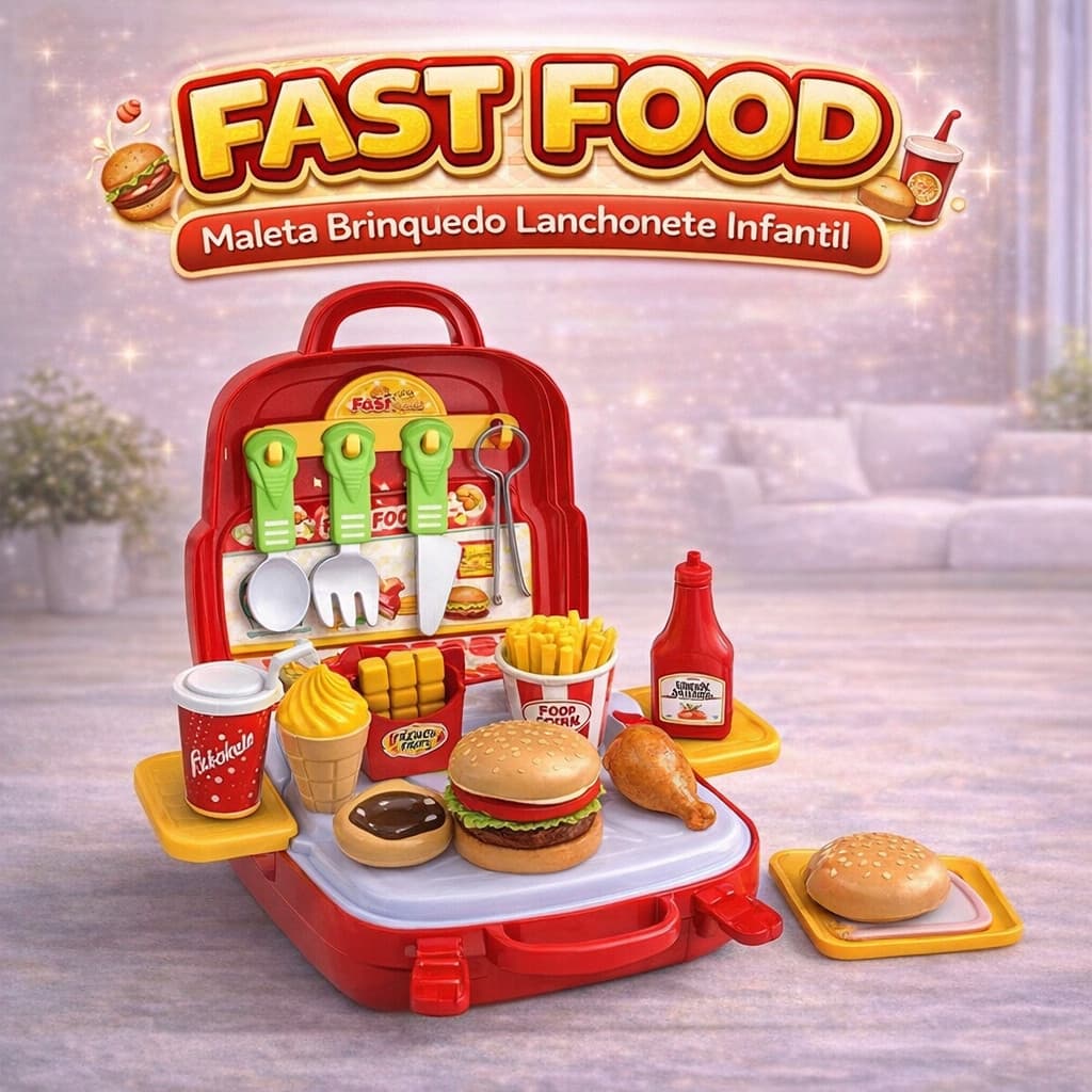 Maleta Fast Food Infantil 3 Em 1 Didática Fast Brinquedo Pedagógico De Cozinha Lanchonete Criança
