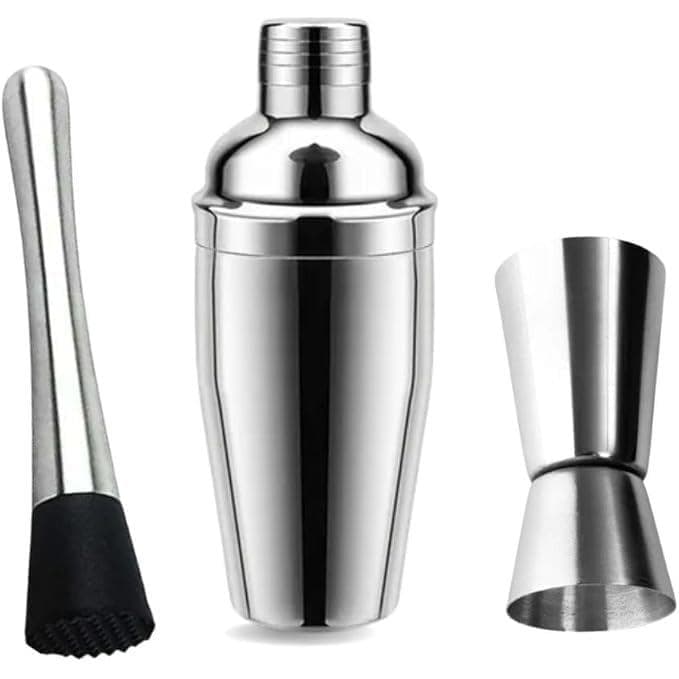 Kit para Drinks e Coquetéis com Coqueteleira, Socador e Medidor - Conjunto de Aço Inoxidável