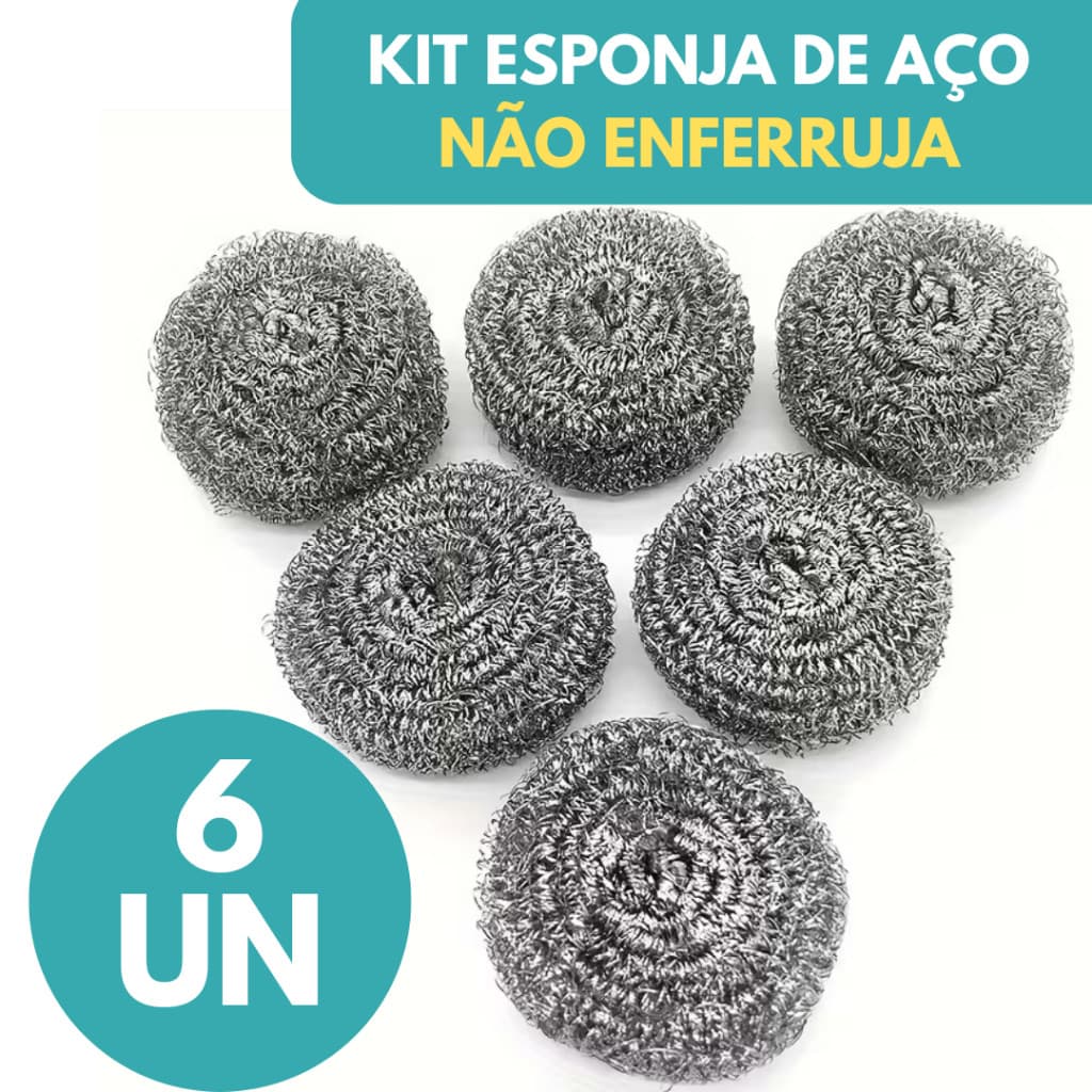 Kit 6 Esponjas de Aço Não Enferrujam - Limpeza Profunda, Lavar Louça, Bucha de Aço Reforçada
