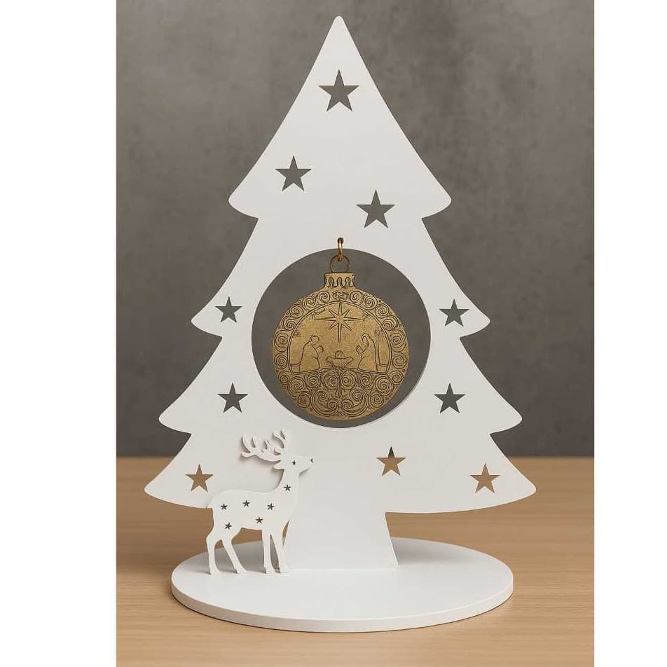 Árvore de Natal Branca em MDF com Bola Dourada Decorativa Enfeite Natalino Elegante Para Mesa Sala Aparador Premium Luxo