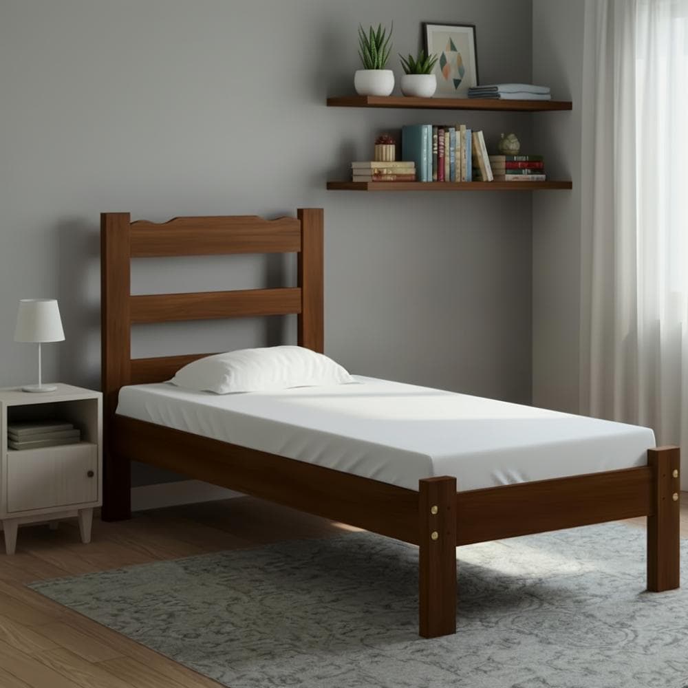 Cama Solteiro com Colchão Madeira Maciça Esmeralda Castanho