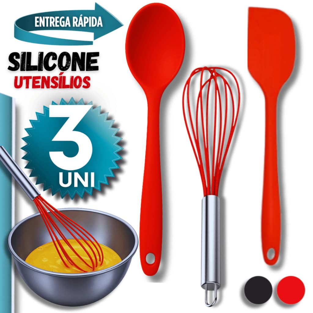 Jogo de Silicone 03 Peças - Batedor de Ovos Fue Fuet Colher de Silicone Multiuso Espatula pão duro Variáveis Utilidades