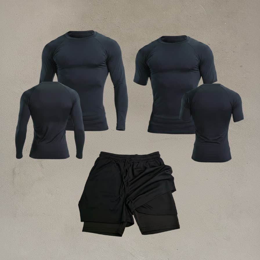 (FITNESS) Kit 3 Peças Compressao Poliamina Elastano Preto Elastico Camiseta Manga e Shorts Treino Academia Conforto