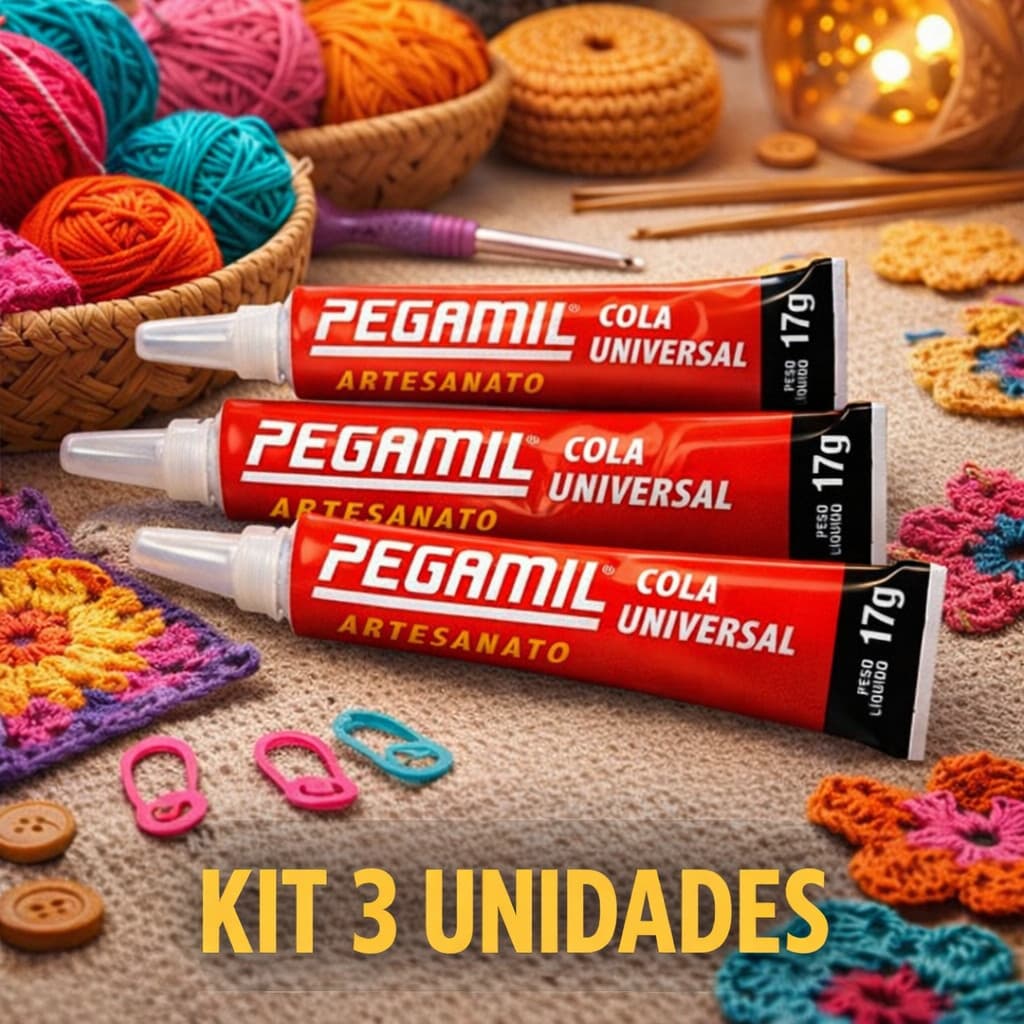 KIT 3 Colas Universal Pegamil 17g Artesanato Crochê EVA Madeira Tecido Multiuso Secagem Rápida
