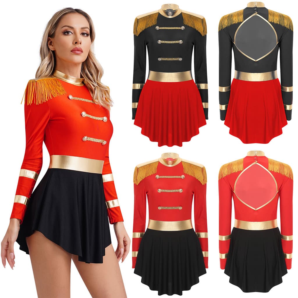 inhzoy Feminino Halloween Ringmaster Bodysuit Vestido Franja Ombro Placas Buraco De Fechadura Manga Longa Circo Cosplay