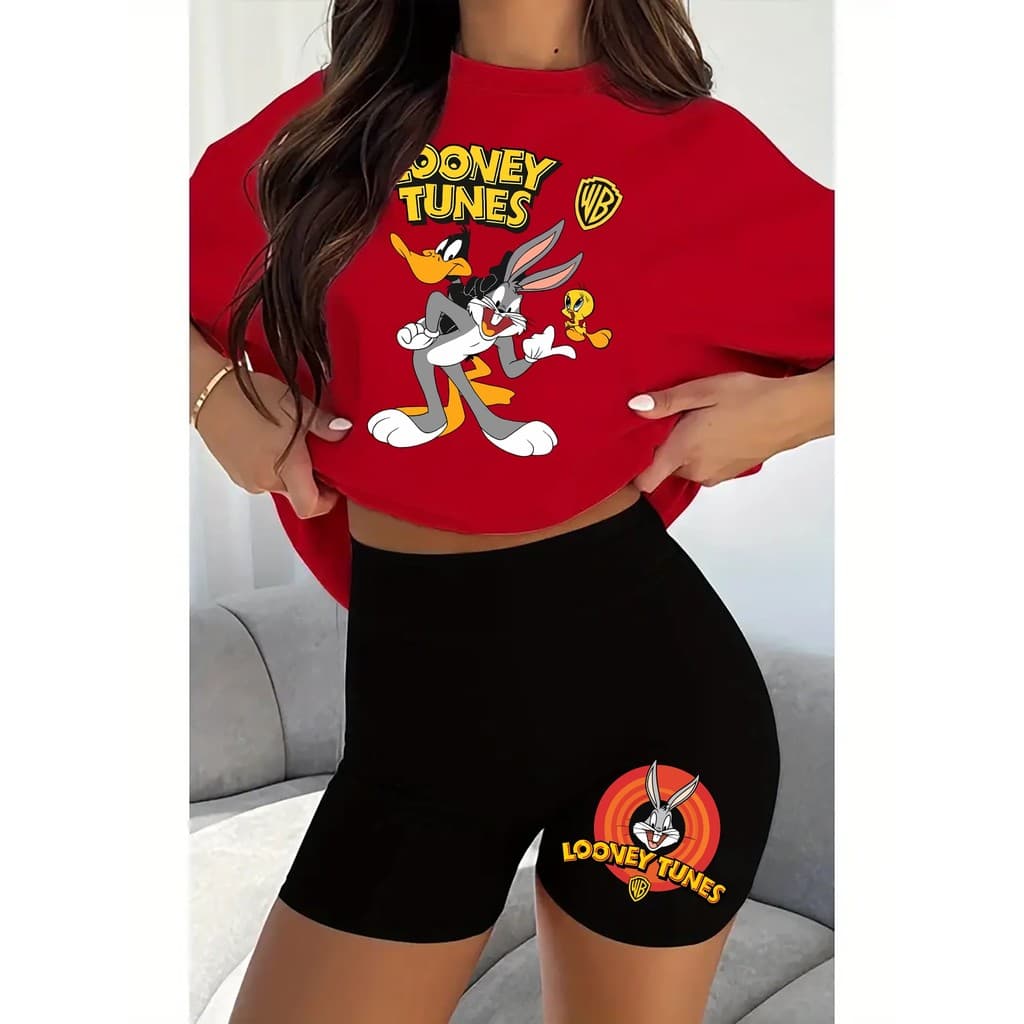 Conjunto Feminino de Verão 2 Peças - Camiseta de Manga Curta e Shorts Pretos com Estampa Casual para Uso ao Ar Livre,