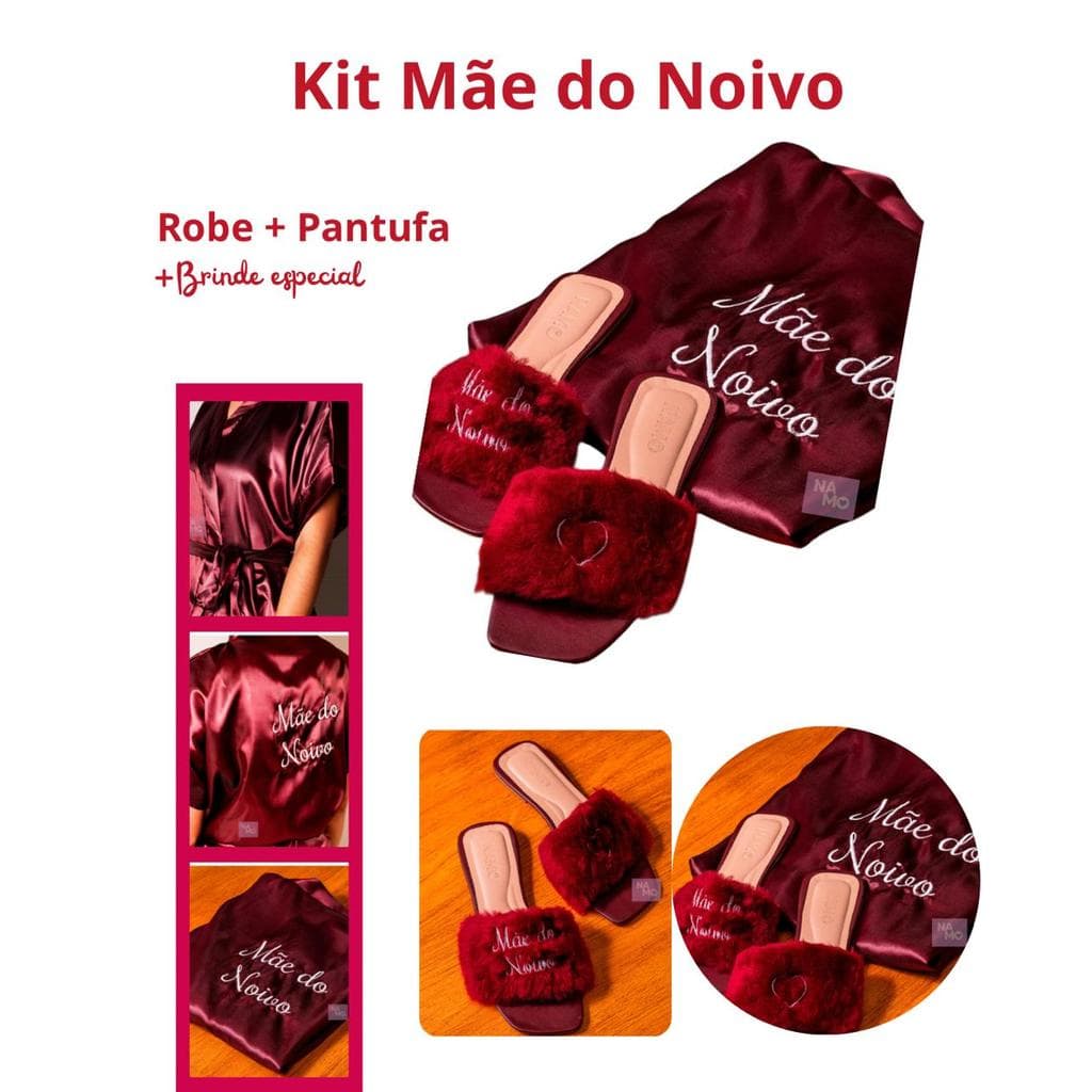 Kit Luxo Mãe do Noivo Robe Cetim Vinho + Pantufa Pelúcia Bordado Branco
