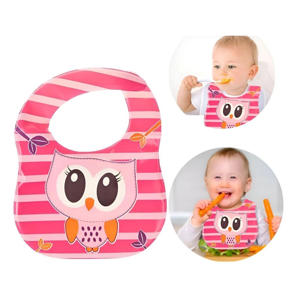 Babador Silicone Infantil Corujinha Rosa Ajustável