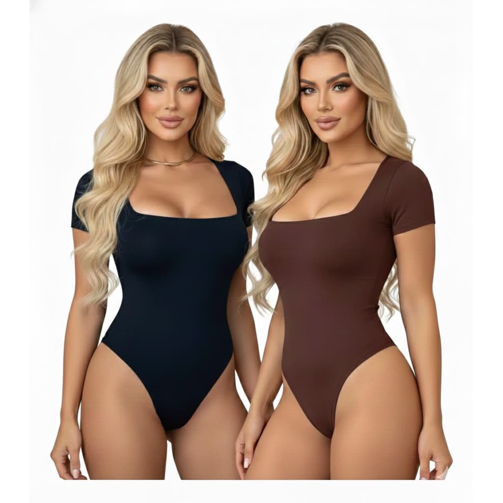 Kit 2 Body Manga Curta Decote Quadrado Feminino Basico Suplex Liso Forro Duplo