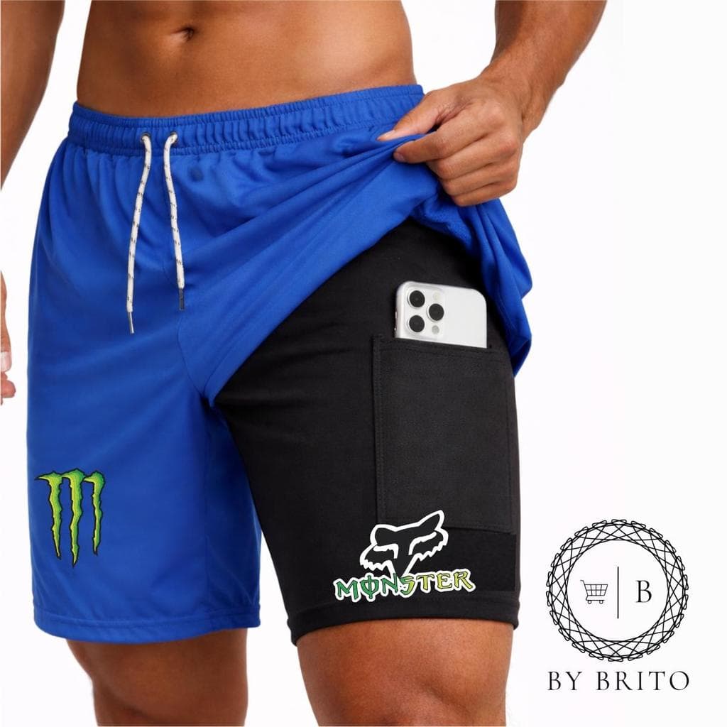 Bermuda Shorts Compressão 2 em 1 MONSTER 02 Treino Futebol Basquete Academia Esportes