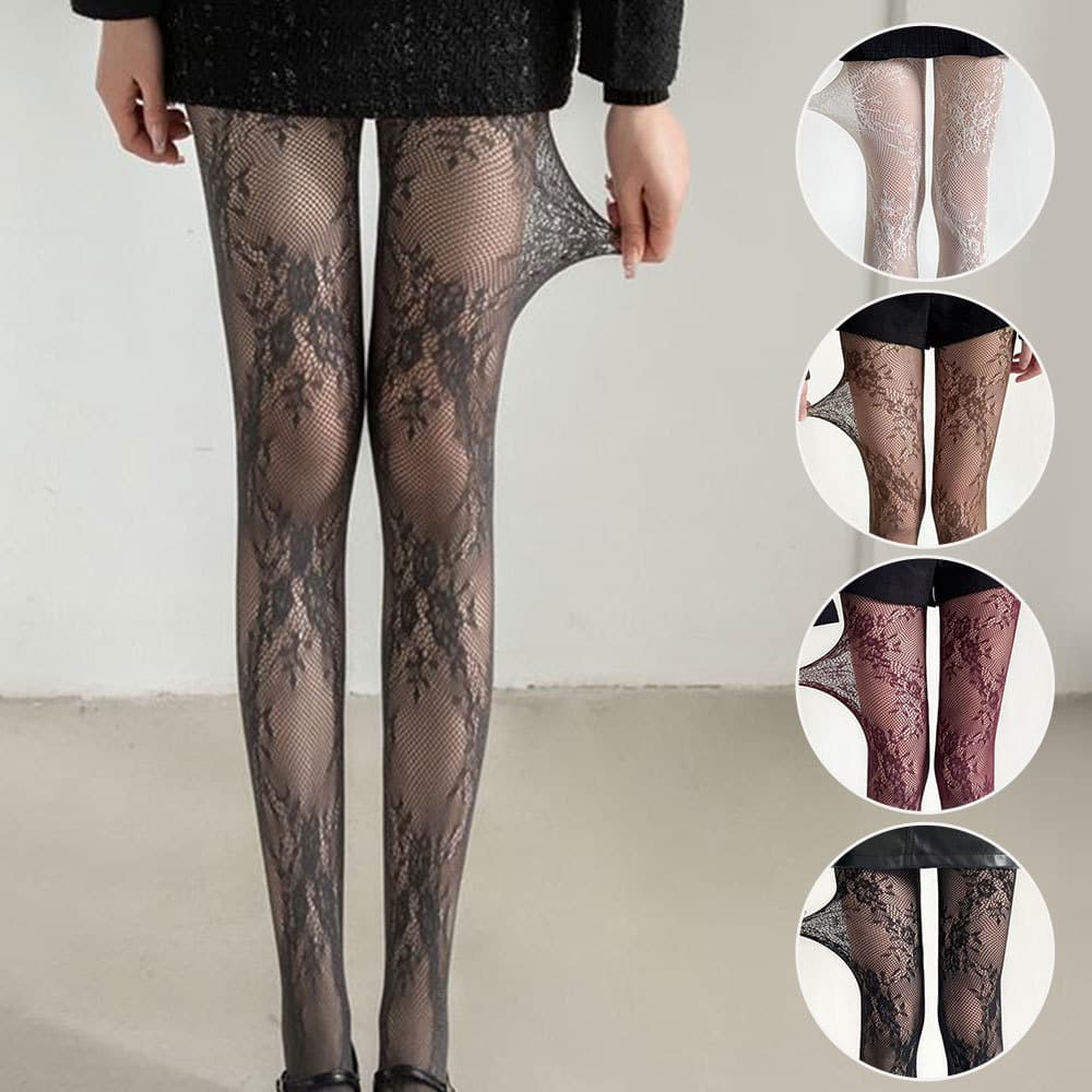 Meias Ocas Florais Meia-Calça Longa Renda Malha Retro Coreano