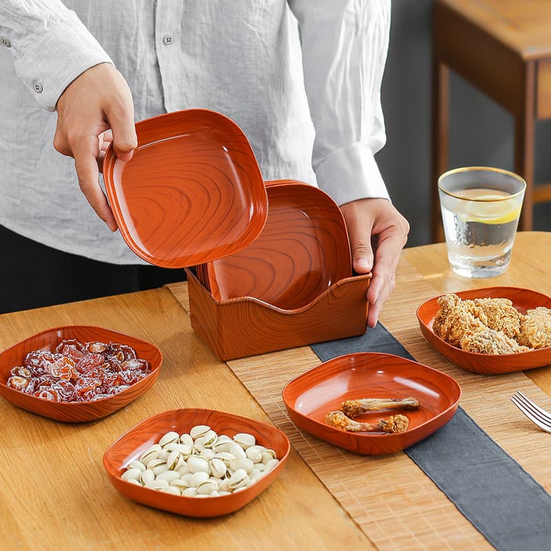 Novo estilo japonês criativo mogno grão plástico cuspe osso placa lanche porca doces lanche placa de frutas coleção mult