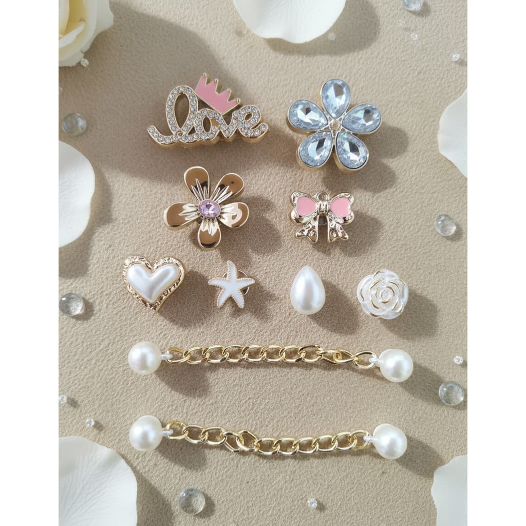 Kit 10 Botons Pins Metalizados Enfeites P/ Sandalias Babuche(Rosa,Love corrente estrelinha)