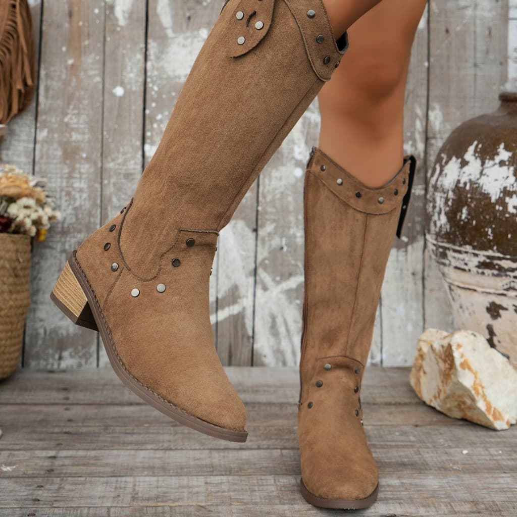 Retro apontou Toe salto grosso rebites botas de Cowboy ocidental feminino outono inverno novo estilo não joelho botas de