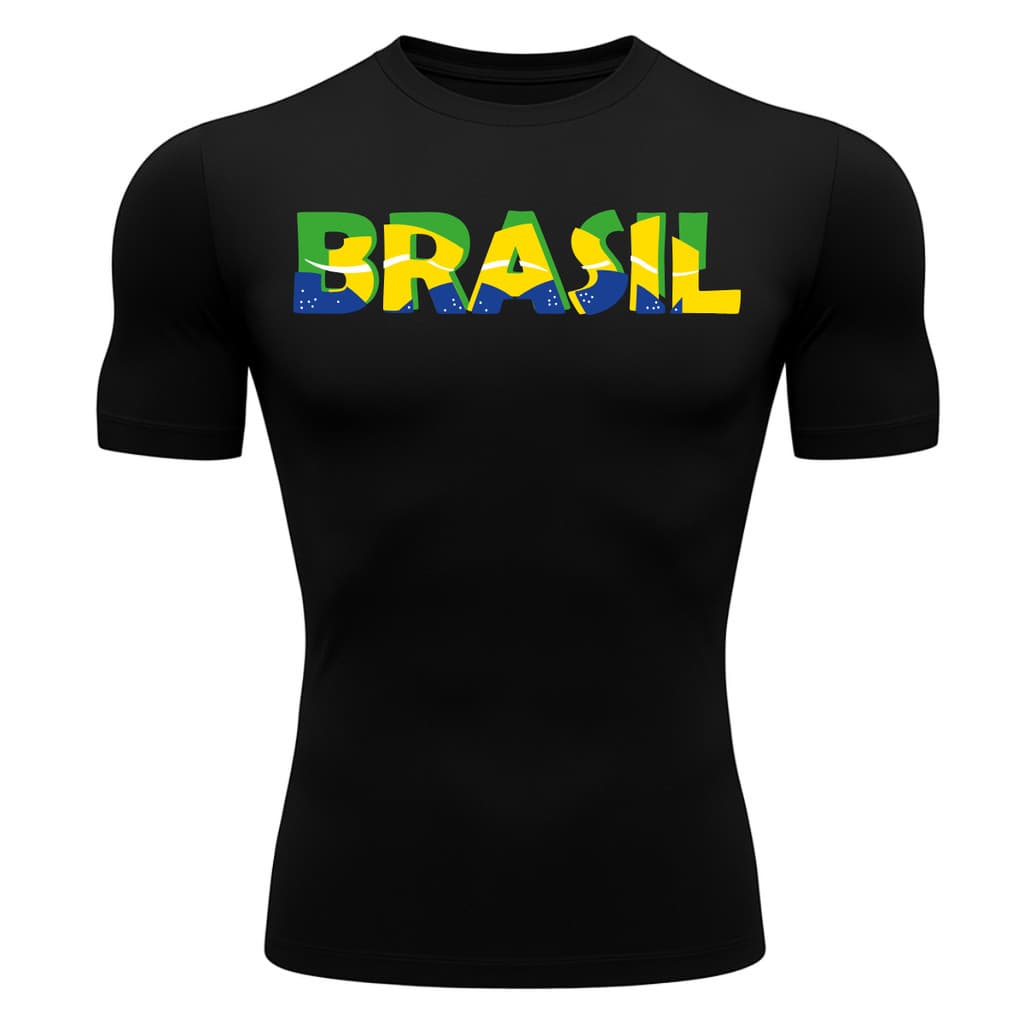Camiseta Compressão UV Manga Curta Dryfit Estampa Brasil Masculina Proteção Solar Esportiva Corrida