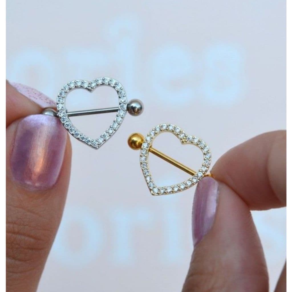 Piercing Mamilo Modelo Coração Cravejado com Zircônia Cristal