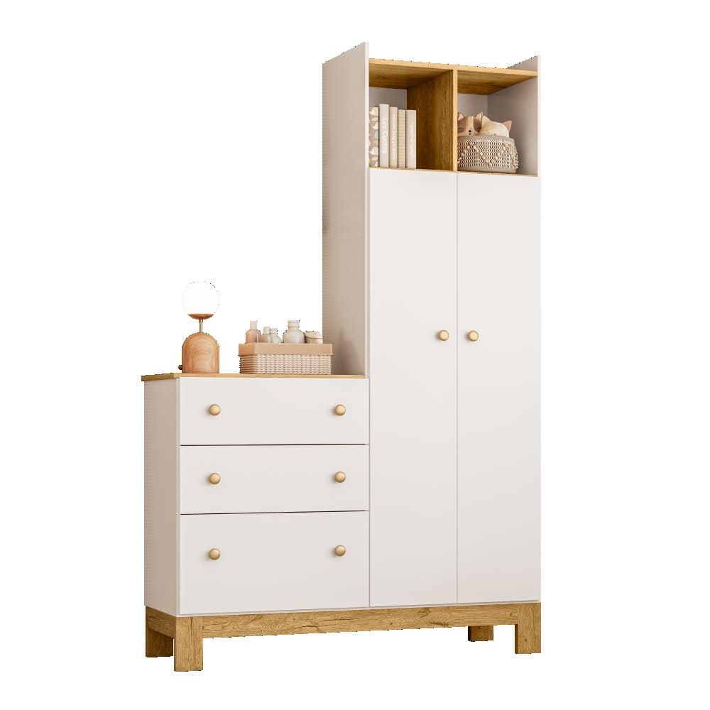 Módulo Guarda-Roupa Com Cômoda Infantil 2 Portas Deslizantes 3 Gavetas 1 Nicho Pés Em MDF Flora 4970