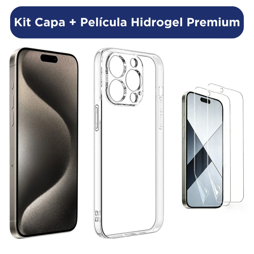 Kit Capinha Transparente TPU iPhone XR a 16 + Película Hidrogel Anti-Riscos Premium
