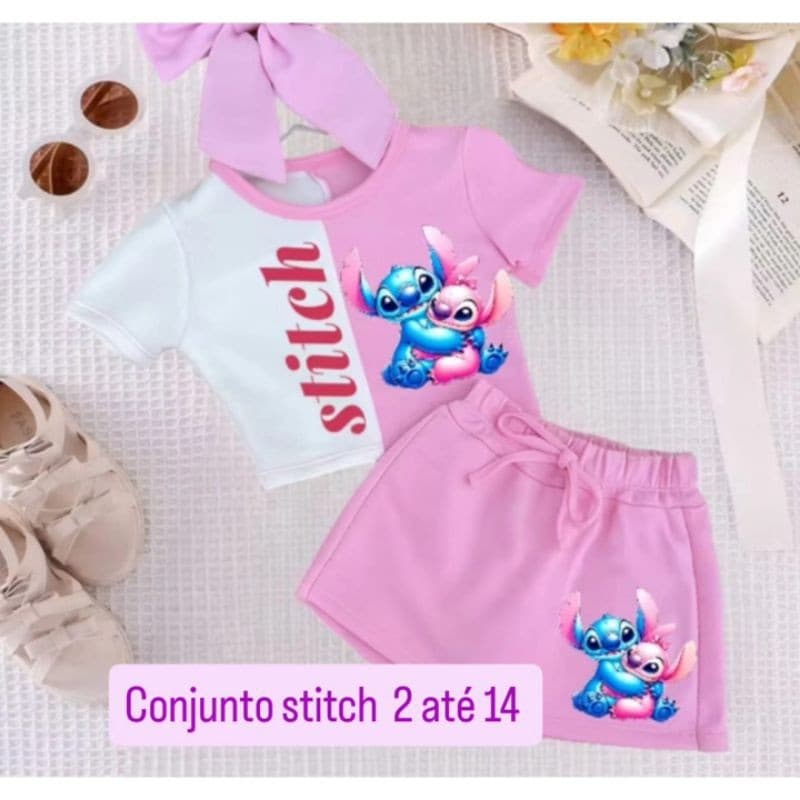 conjunto infantil short saia menina Stitch feminina passeio blogueira
