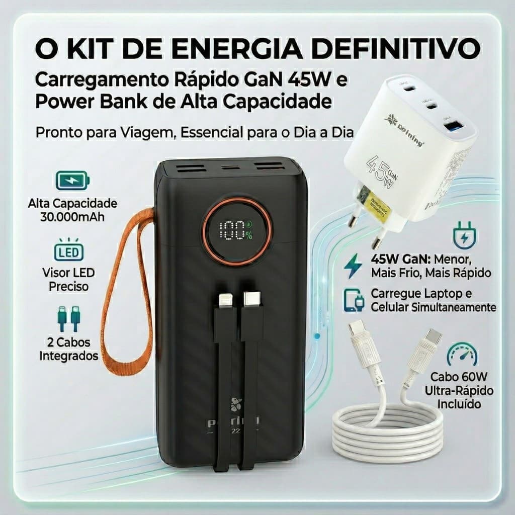 Kit Power Bank 30.000mAh + Carregador 45W + Cabo 60W Preto e Branco