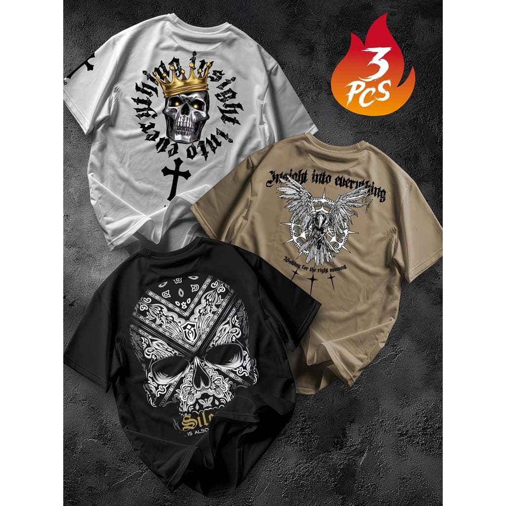 Kit 3 peças Camiseta Masculina Algodão Premium Adulto Plus Size Infantil Streetwear Silence Caveira Rei Asas Style Moda