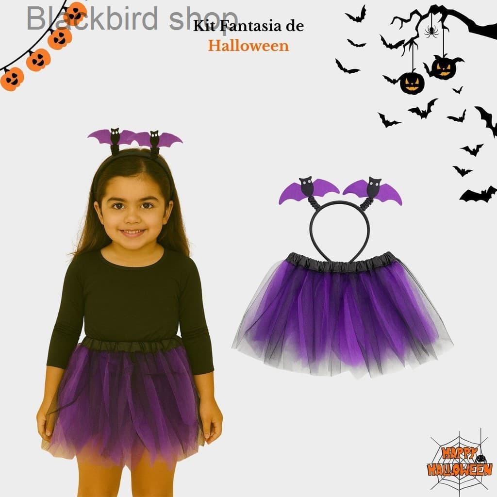(V)Fantasia Infantil Halloween Roxa com Tiara de Morcego e Saia 30cm – Kit Festa TemáticaE7CO