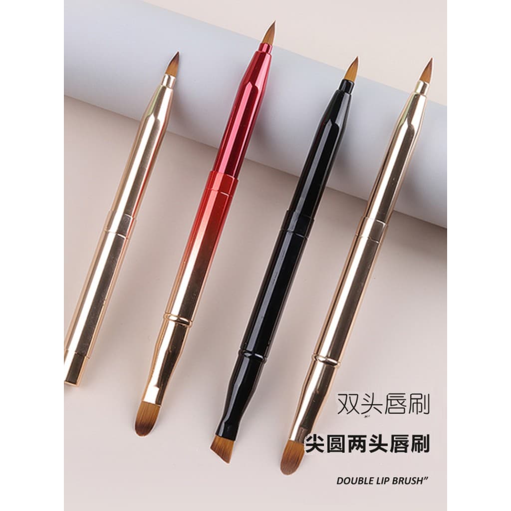 Carolchose Fibra Cabelo Lip Brush com Tampa Portátil Batom Escova Batom Tubo de Metal Dupla Cabeça Maquiagem Sobrancelha