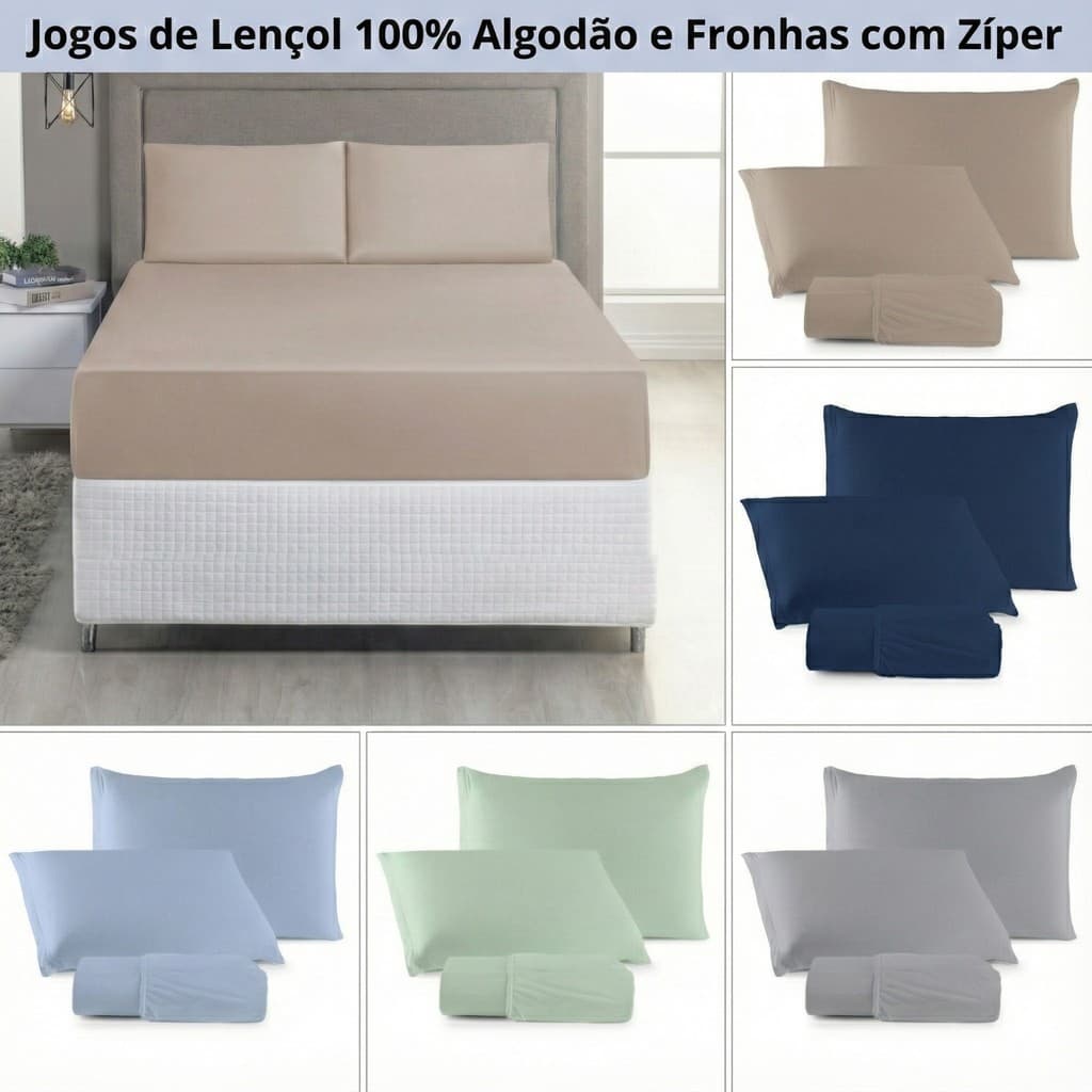 Lençol Solteiro Casal Queen King Jogo de Cama 100% Algodão Kit 03 Pçs Liso C/ elástico Fronhas com Zíper Malha Penteada