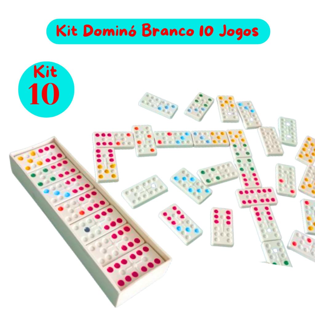 Dominó Infantil Kit10 Jogos Lembrancinha Festa Prenda plástico BRANCO com 28 peças bolinhas pintadas