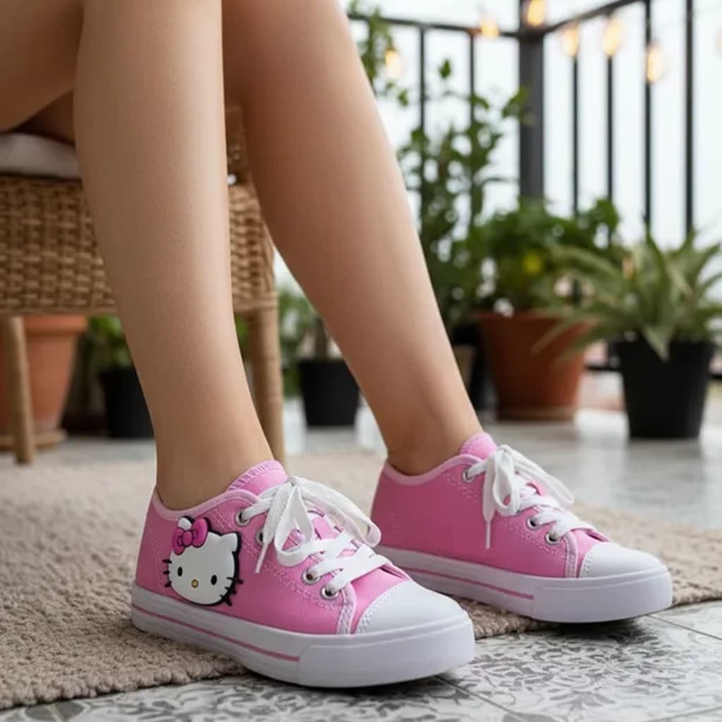 Tênis Infantil Menina Rosa com Aplique Gatinha Confortável Casual Escolar Dia a Dia