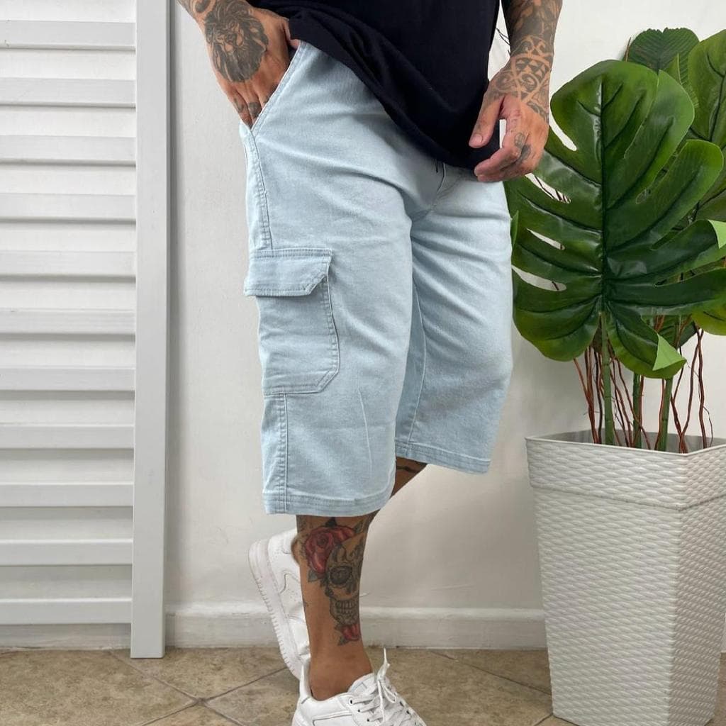 Bermuda Cargo Masculina Jeans Gelo Streetwear Premium Larga