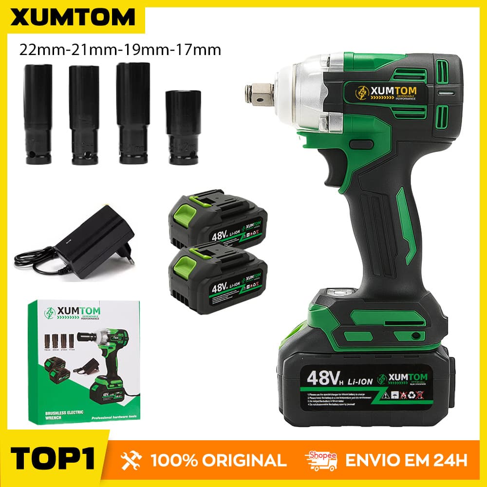 Chave De lmpacto eletrica 450NM Parafusadeira Furadeira Brushless Com 2 Baterias 48V Bivolt