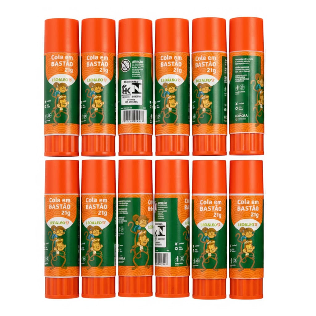 Cola Bastão 21g Leo&Leo | Kit 12 Unidades Ideal para Papelaria, Trabalhos Escolares e Artesanato Uso Diário Volta As Aul
