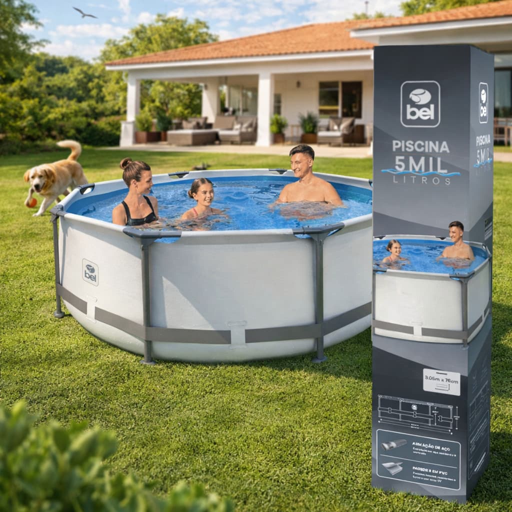 Piscina Estrutural Redonda 5000 Litros Cinza Lona Resistente Cinza Lisa Água