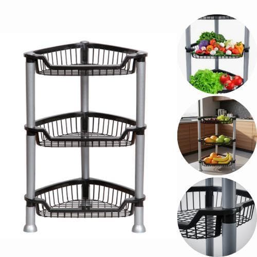 Cesto Organizador  Fruteira Multiuso Com 3 Andares Preto de Chão para Cozinha Vertical Para Canto