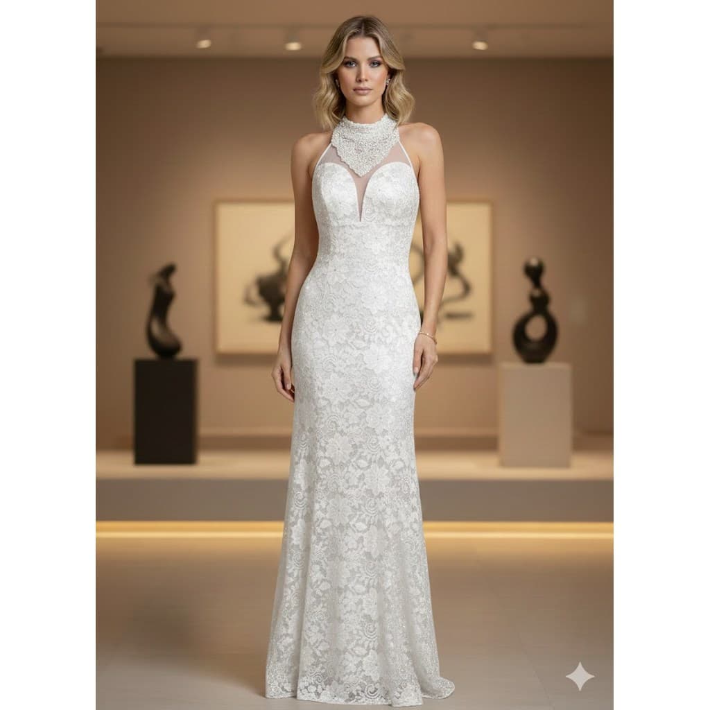 Vestido Sereia Casamento Madrinha Festa  Formatura Gola Renda Guiper Brilho Perolado Longo Chique Elegante Noiva  2797