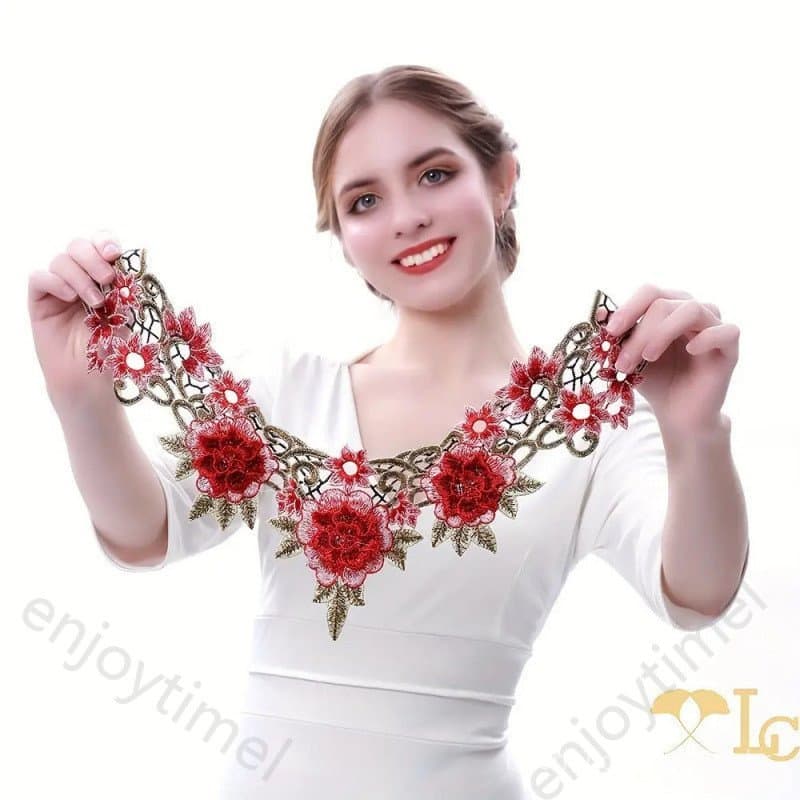 Aplique de Renda Floral Vermelho Elegante Venisec 1pc Bordado com Flores para Costura DIY e Projetos de Artesanato