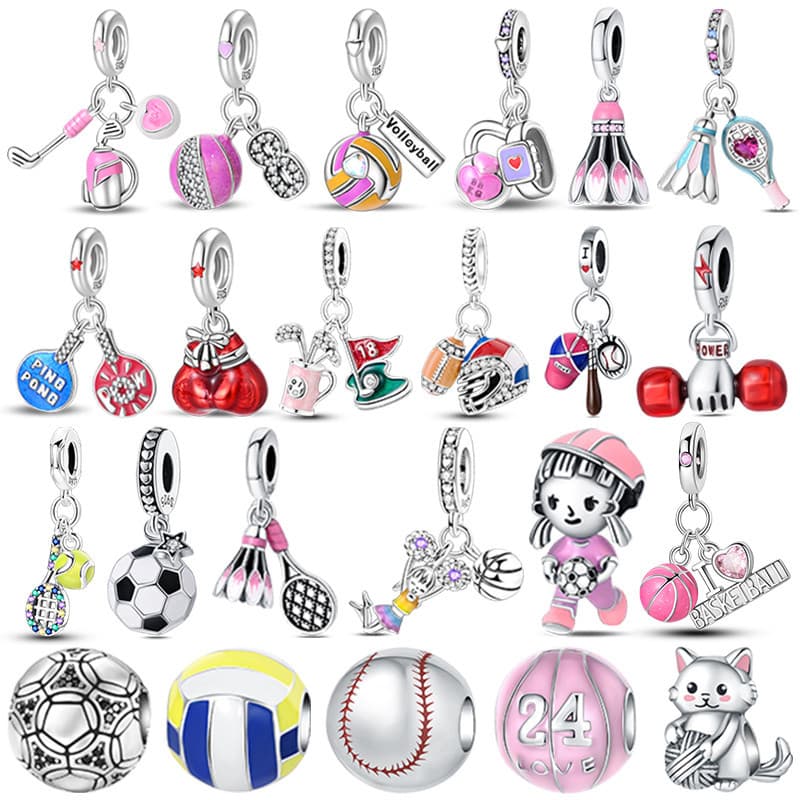 Charms Berloque 925 Prata Esterlina Série Esportiva Pingentes Golfe Boxe Beisebol Tênis De Mesa Encantos Pulseira Jóias