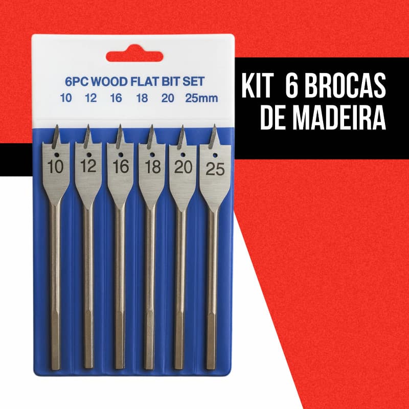 Broca Chata 6 Peças p/ Madeira | Fura Rápido e Preciso – 10 a 25mm marcenaria dura furadeira