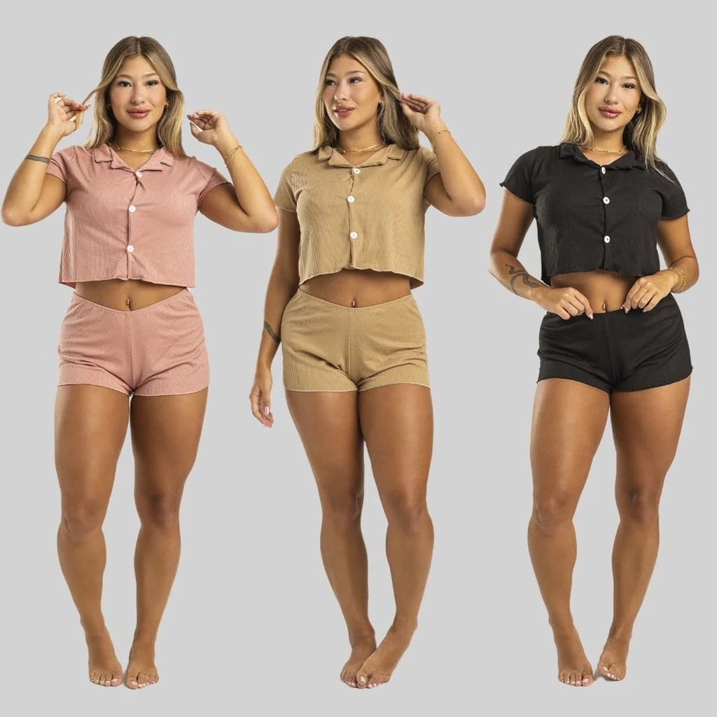 Kit 3 Baby Doll Feminino Canelado com Botões – Conjunto Cropped e Short Conforto Pijamas