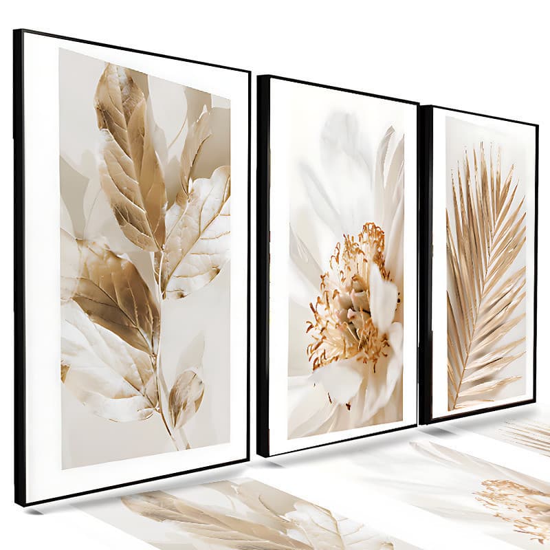 Kit 3 Quadros Decorativos Folhas de Ouro Luxo Abstrato para Sala