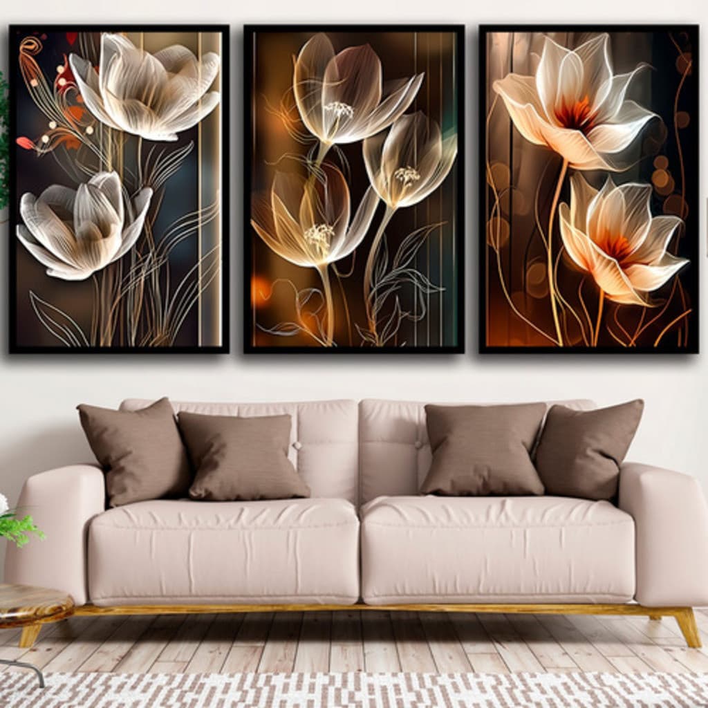Kit 3 Quadros Decorativos Abstratos Flores Preto e Dourado para Sala