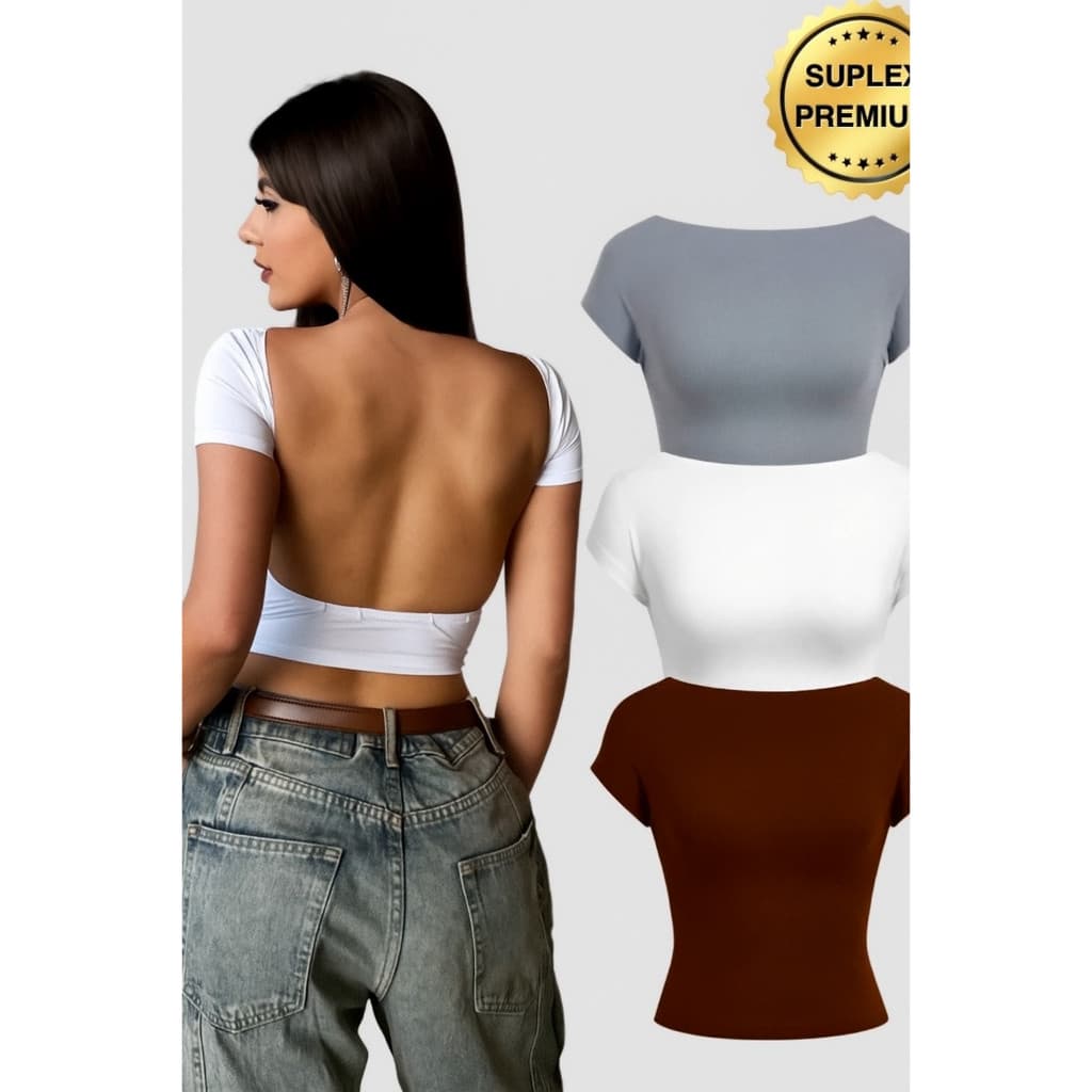Cropped Costa Nua Suplex Feminina Ombro a Ombro manga curta Baby Tee Liso Casual Básico Tecido Duplo