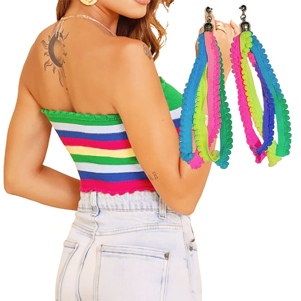 Kit Cropped Tricô Modal Virginia + Par Brincos Coloridos Neon Moda Praia Festa Carnaval Tendência