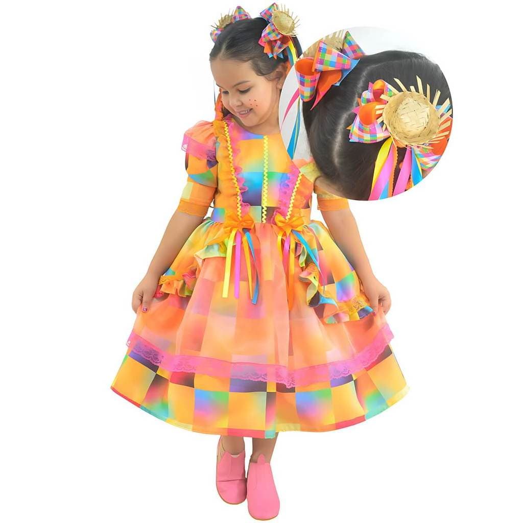 Vestido Festa Junina Xadrez Laranja Neon Luxuoso + 2 Enfeites de Cabelo