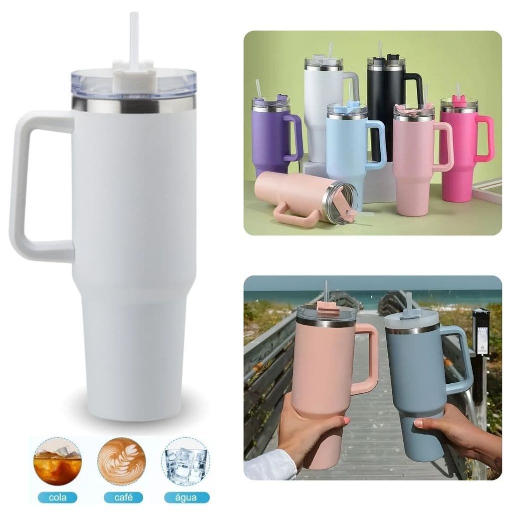 Copo Térmico 1,2L Com Alça Canudo Inox Parede Dupla Vácuo 24h Gelo 12h Quente Vedação Premium Carro